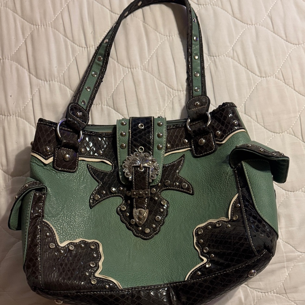 Green and Black Studded Decorative Tote Bag